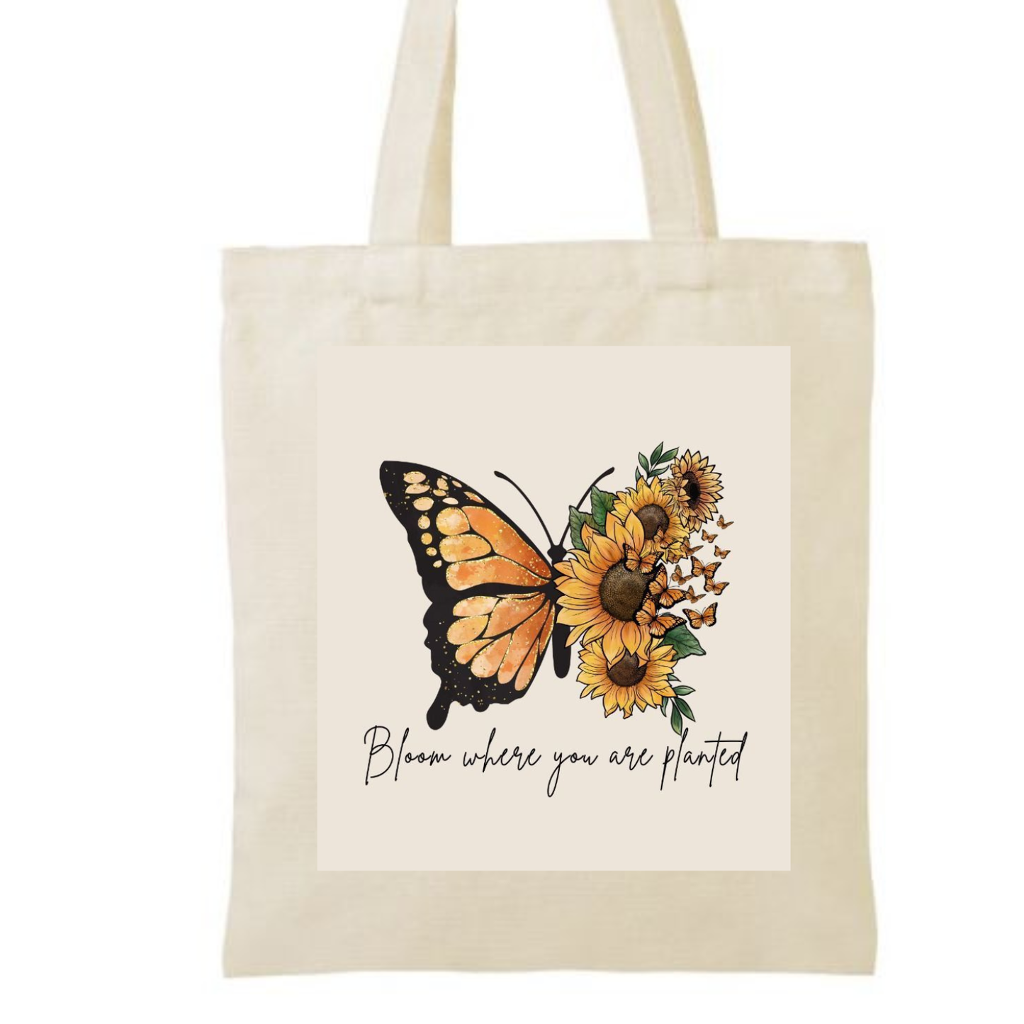 Bloom Where You Are Planted Sunflower Butterfly Canvas Tote Bag