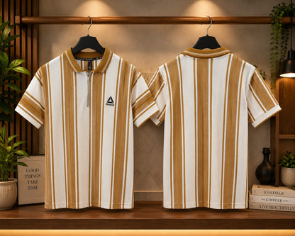 Men's Brown & White Vertical Stripe Half Zip Polo Shirt