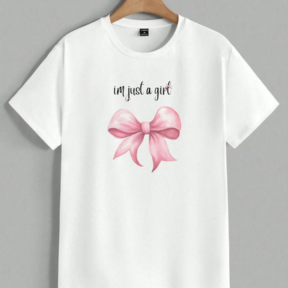 I'm Just a Girl T-Shirt | Cute Pink Bow Graphic Tee Coquette Aesthetic Bow Shirt | I'm Just a Girl White Tee Cute Ribbon Bow Graphic T-Shirt |t