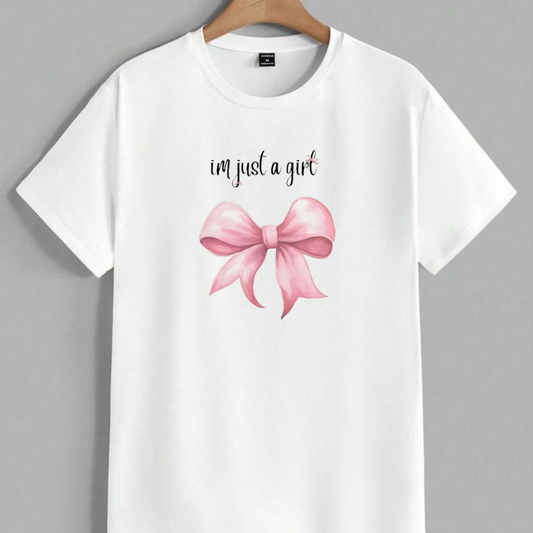 I'm Just a Girl T-Shirt | Cute Pink Bow Graphic Tee Coquette Aesthetic Bow Shirt | I'm Just a Girl White Tee Cute Ribbon Bow Graphic T-Shirt |t