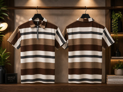 Men's Burgundy, Navy & White Stripe Half Zip Polo Shirt  Product Description