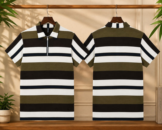 Men's Olive Green, White & Black Striped Half Zip Polo Shirt – Premium Casual Short Sleeve Tee  Product Description