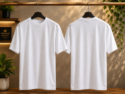 Premium Plain White Unisex Cotton T-Shirt | Soft Crew Neck Half Sleeve Tee | Front & Back View