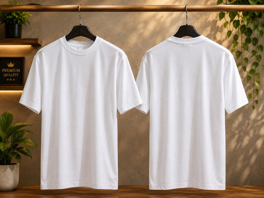 Premium Plain White Unisex Cotton T-Shirt | Soft Crew Neck Half Sleeve Tee | Front & Back View