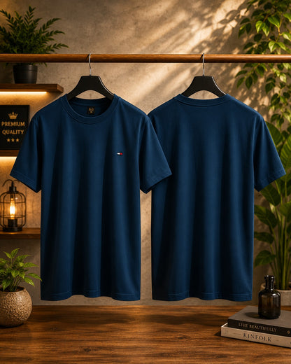 Men's Navy Blue Premium Cotton Crew Neck T-Shirt – Classic Half Sleeve Casual Tee
