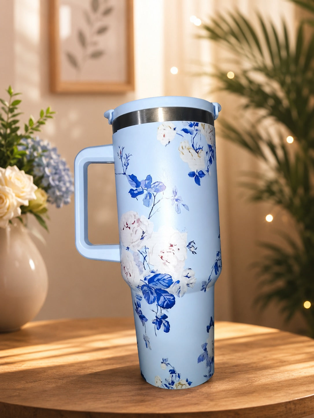 40oz Floral Stainless Steel Insulated Tumbler with Handle & Lid – Leakproof Travel Mug for Hot & Cold Drinks