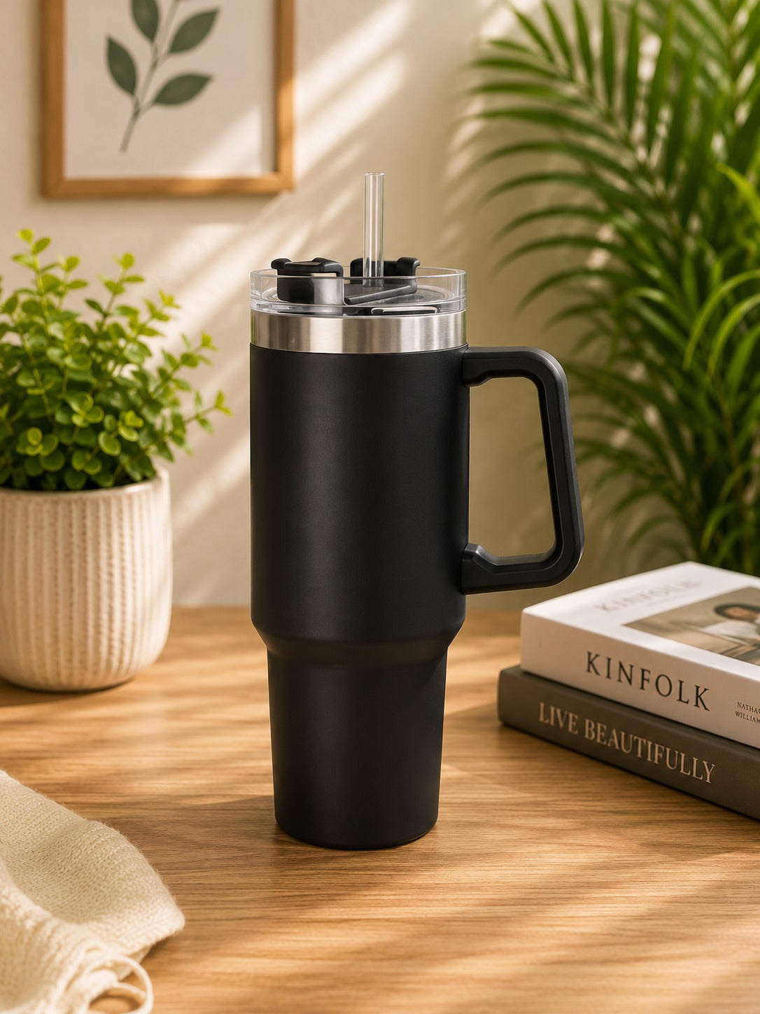 40oz Black Stainless Steel Insulated Tumbler with Handle & Straw | Leak-Resistant Travel Mug