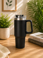 40oz Black Stainless Steel Insulated Tumbler with Handle & Straw | Leak-Resistant Travel Mug