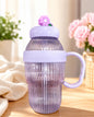 Cute Daisy Ribbed Glass Tumbler with Handle, Lid & Straw – 500ml Aesthetic Drinking Cup (Purple)