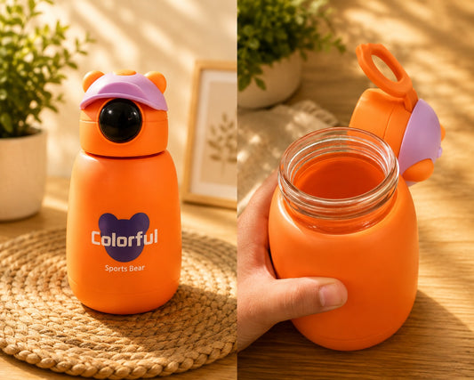 Cute Bear Stainless Steel Vacuum Flask – 350ml Kids Insulated Water Bottle with Leakproof Flip Lid (Orange)