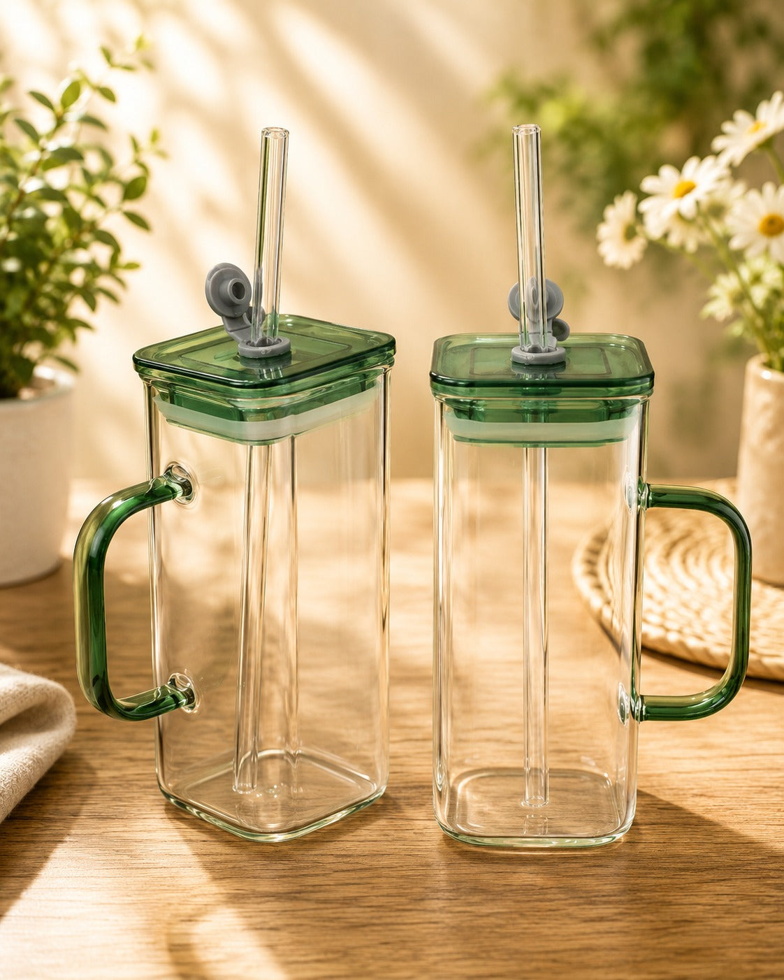 Square Glass Tumbler with Handle, Lid & Glass Straw – 500ml Premium Clear Drinking Cup (Amber Handle)