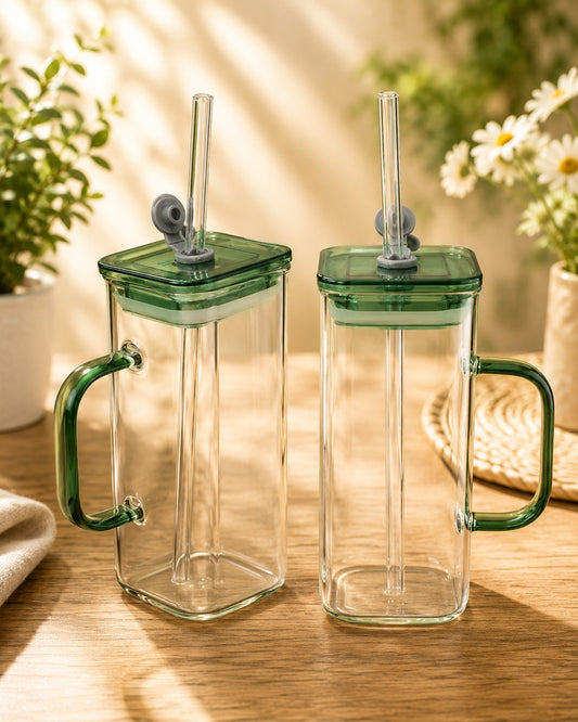 Square Glass Tumbler with Handle, Lid & Glass Straw – 500ml Premium Clear Drinking Cup (Amber Handle)
