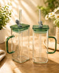 Square Glass Tumbler with Handle, Lid & Glass Straw – 500ml Premium Clear Drinking Cup (Amber Handle)