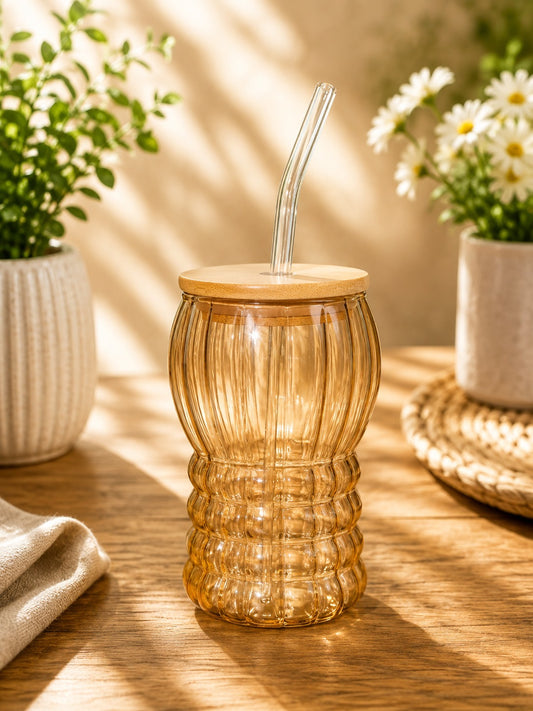 Amber Ribbed Glass Tumbler with Bamboo Lid & Reusable Glass Straw | Aesthetic Drinking Cup