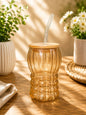 Amber Ribbed Glass Tumbler with Bamboo Lid & Reusable Glass Straw | Aesthetic Drinking Cup
