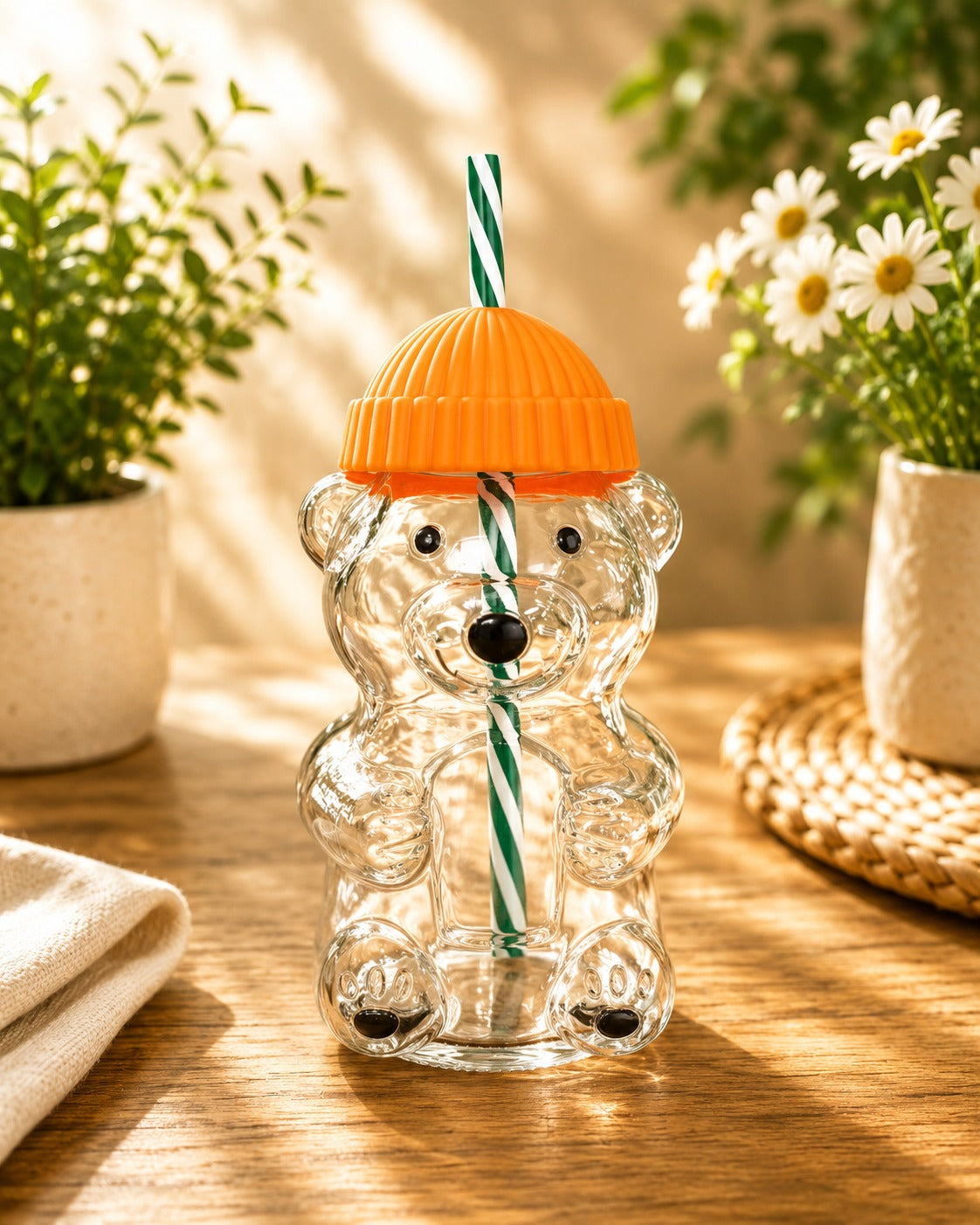 Cute Bear Glass Tumbler with Lid & Straw – 450ml Cartoon Drinking Cup with Orange Cap