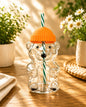Cute Bear Glass Tumbler with Lid & Straw – 450ml Cartoon Drinking Cup with Orange Cap