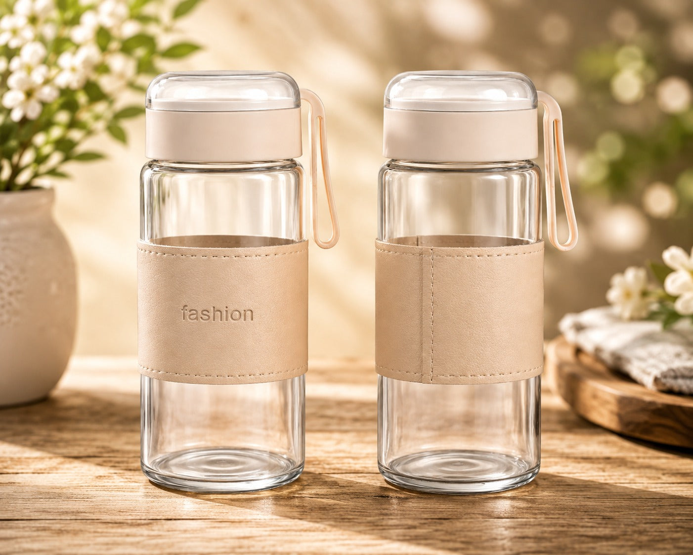 Premium Glass Water Bottle with PU Leather Sleeve & Leakproof Lid | Reusable Portable Drinking Bottle