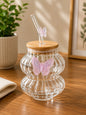 Elegant Butterfly Ribbed Glass Tumbler with Bamboo Lid & Glass Straw – 500ml Aesthetic Drinking Cup