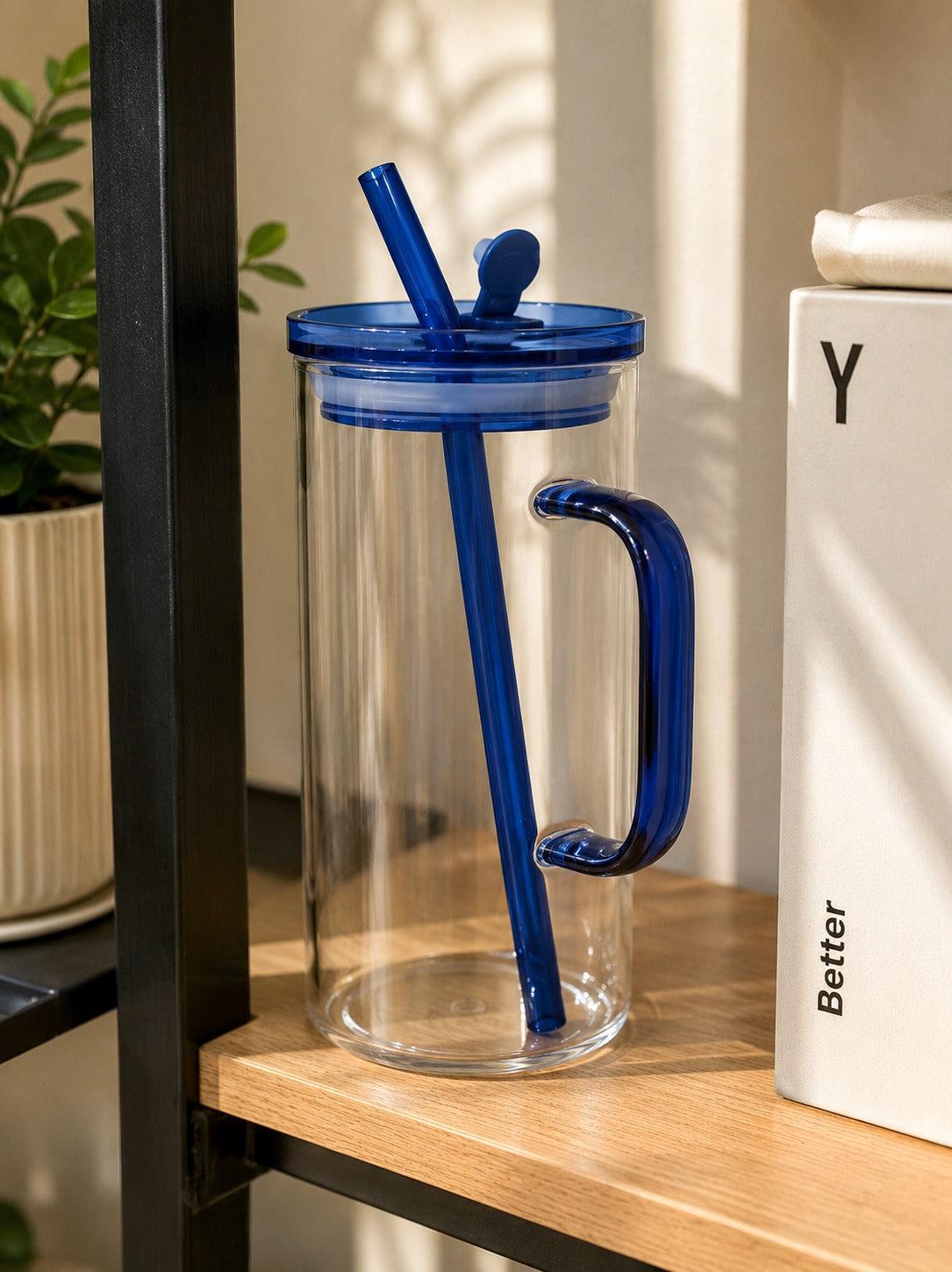 Square Glass Tumbler with Handle, Lid & Glass Straw – 500ml Premium Clear Drinking Cup (Amber Handle)