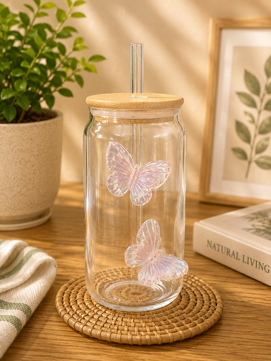 Elegant Butterfly Glass Can Tumbler with Bamboo Lid & Glass Straw – 500ml Aesthetic Drinking Cup