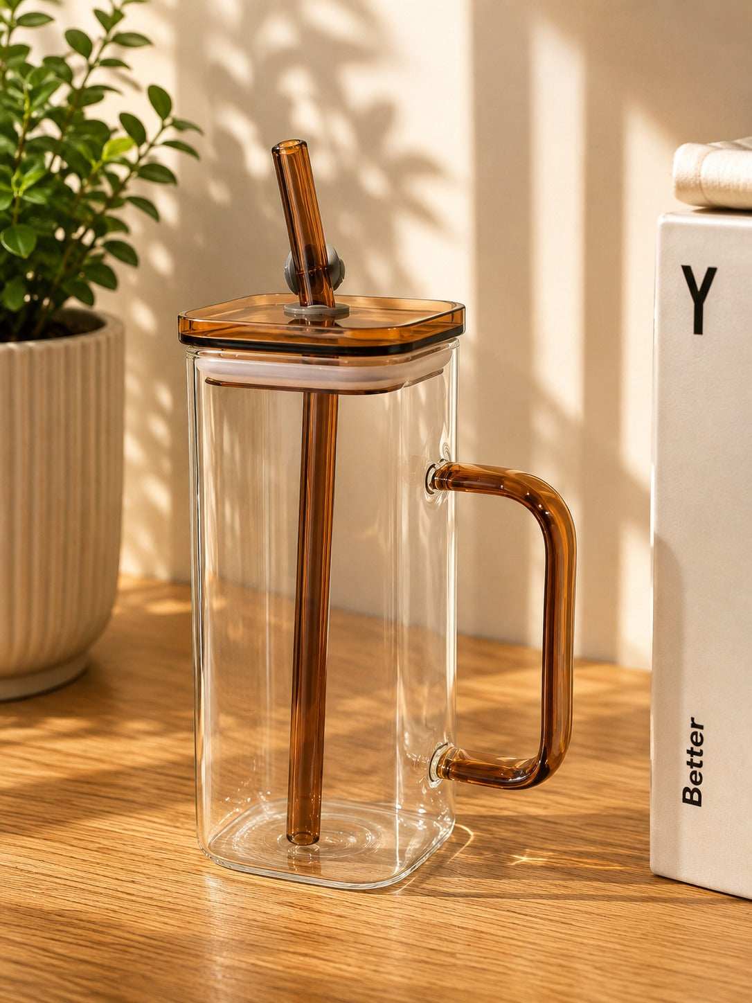 Square Glass Tumbler with Handle, Lid & Glass Straw – 500ml Premium Clear Drinking Cup (Amber Handle)