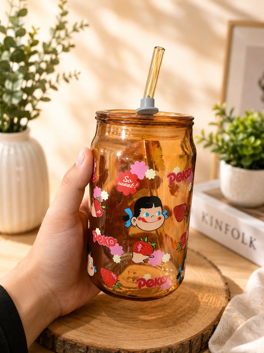 Cute Peko Strawberry Glass Tumbler with Glass Straw & Lid – 500ml Aesthetic Drinking Cup