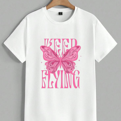 Keep Flying Butterfly T-Shirt | Cute Pink Graphic Tee Y2K Aesthetic Butterfly Shirt | Keep Flying White Tee Retro Butterfly Graphic T-Shirt |