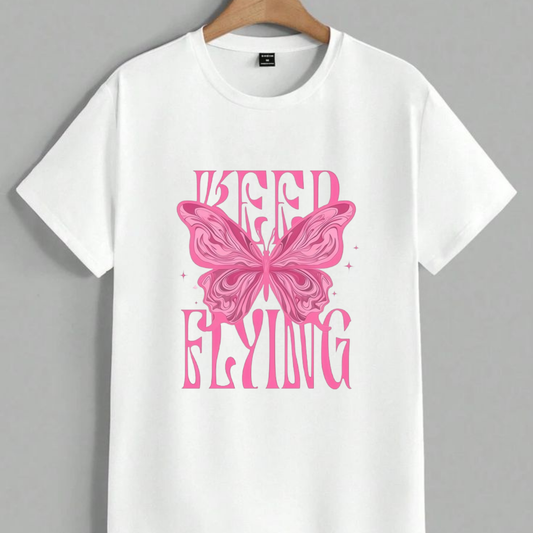 Keep Flying Butterfly T-Shirt | Cute Pink Graphic Tee Y2K Aesthetic Butterfly Shirt | Keep Flying White Tee Retro Butterfly Graphic T-Shirt |