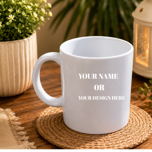 Custom White Ceramic Coffee Mug – Personalized Name, Logo, Photo & Text Printed Mug – 11oz Sublimation Mug for Gifts, Office & Home  Focus Keywords
