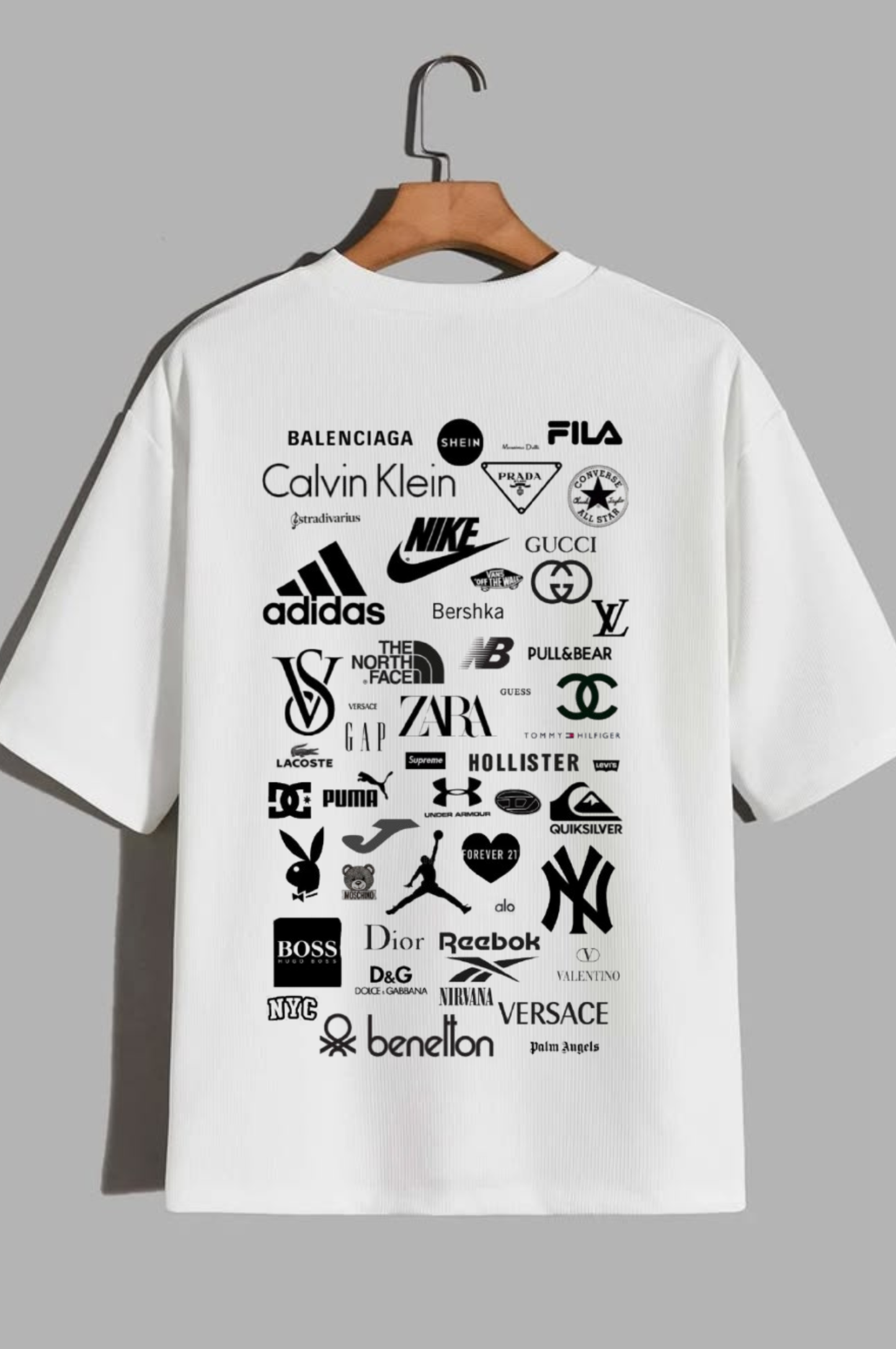 Men's White Multi-Brand Logo Mashup Graphic Tee – Streetwear Oversized T-Shirt.