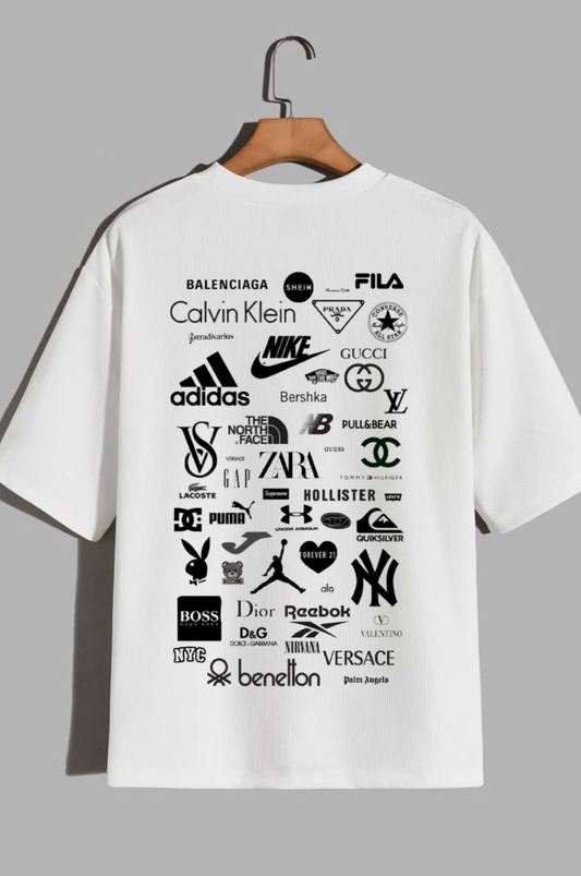 Men's White Multi-Brand Logo Mashup Graphic Tee – Streetwear Oversized T-Shirt.